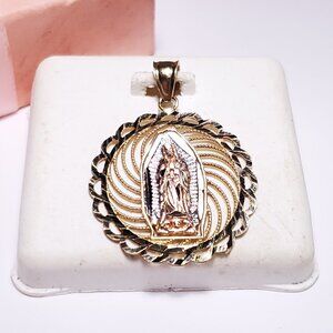 Estate 7/8" Diameter Virgin Mary 14Kt Rose/Y/WG Gold swirl Framed Pendant#23217